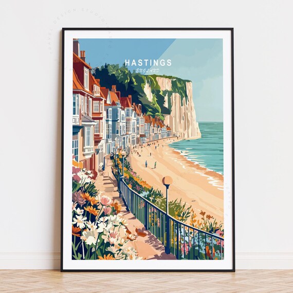 Hastings England Promenade Beach White Cliffs Coast Travel Poster