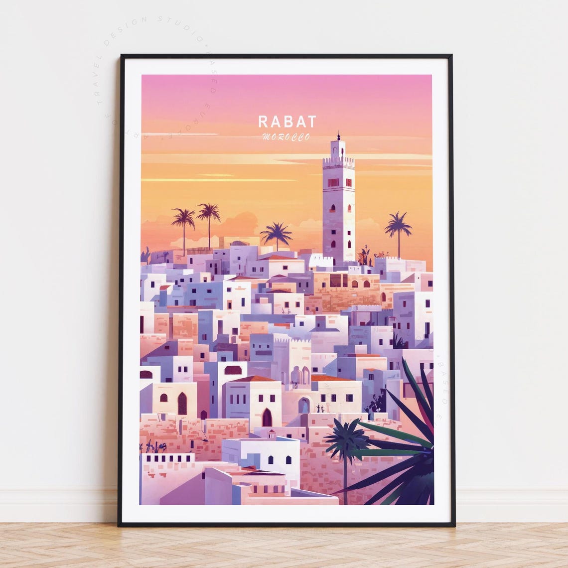 Rabat Morocco White Medina Skyline Golden Sunset Palm Trees Poster