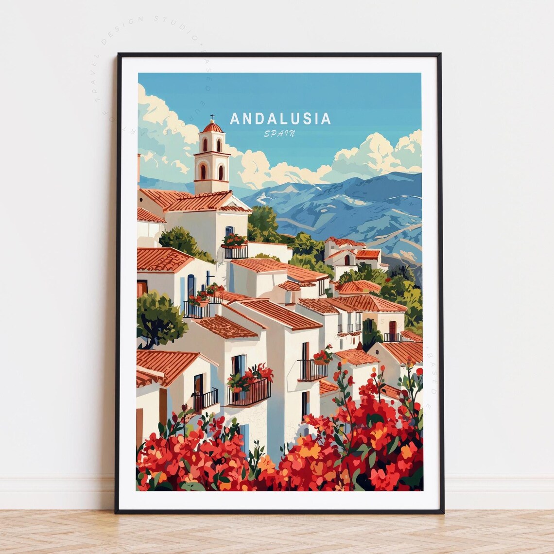 Andalusia Spain Hilltop White Village Church Blooms Travel Poster