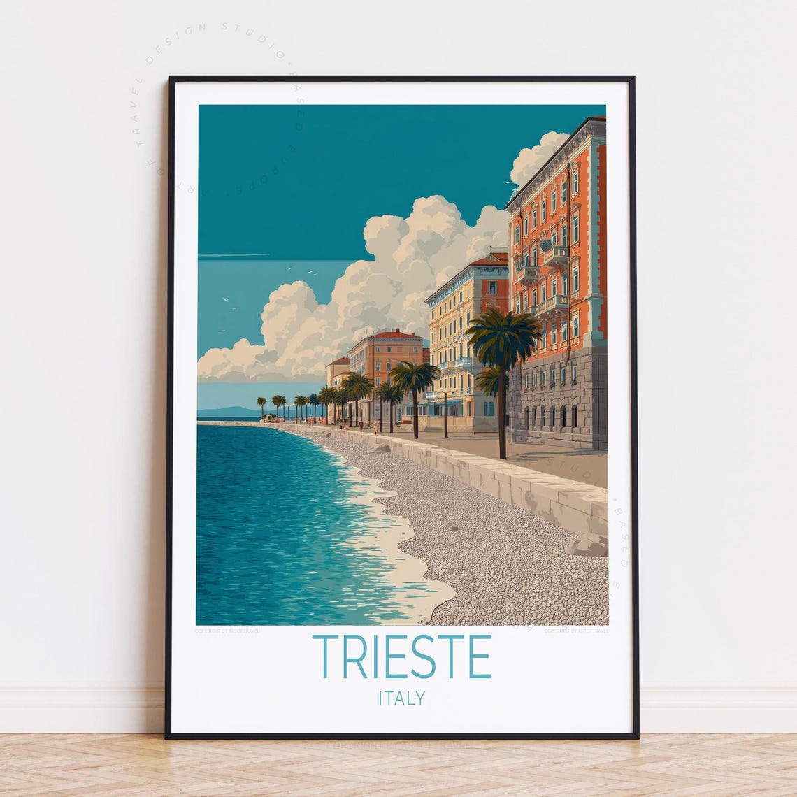 Trieste Italy Pebble Beach Colorful Old Town Shore Travel Poster