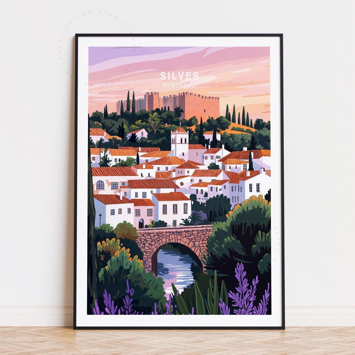 Silves Portugal Red Castle Hilltop White Old Town Sunset Poster