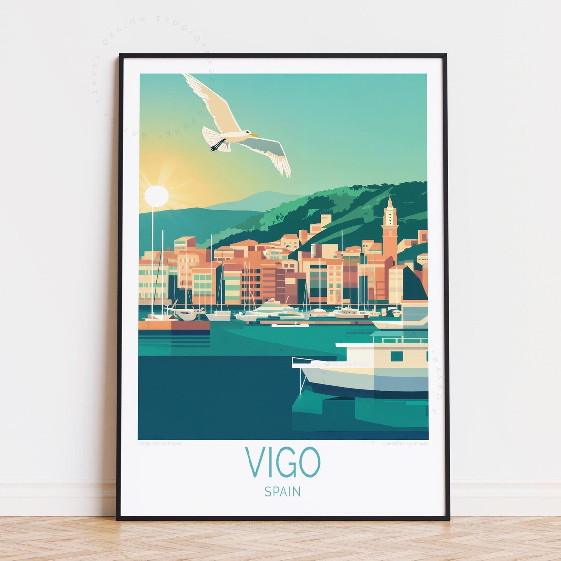 Vigo Spain Golden Sunrise Harbor Seagull Marina City Travel Poster