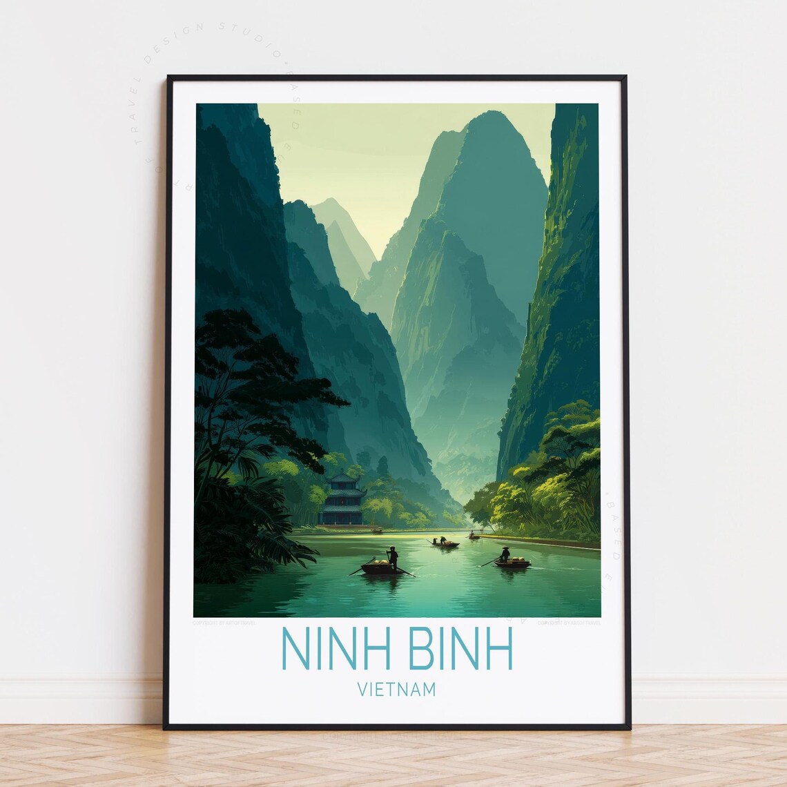 Ninh Binh Vietnam Karst Cliffs Teal River Boats Vintage Travel Poster