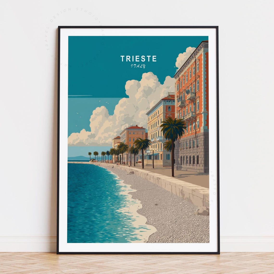 Trieste Italy Curving Beach Waterfront Minimalist Travel Poster