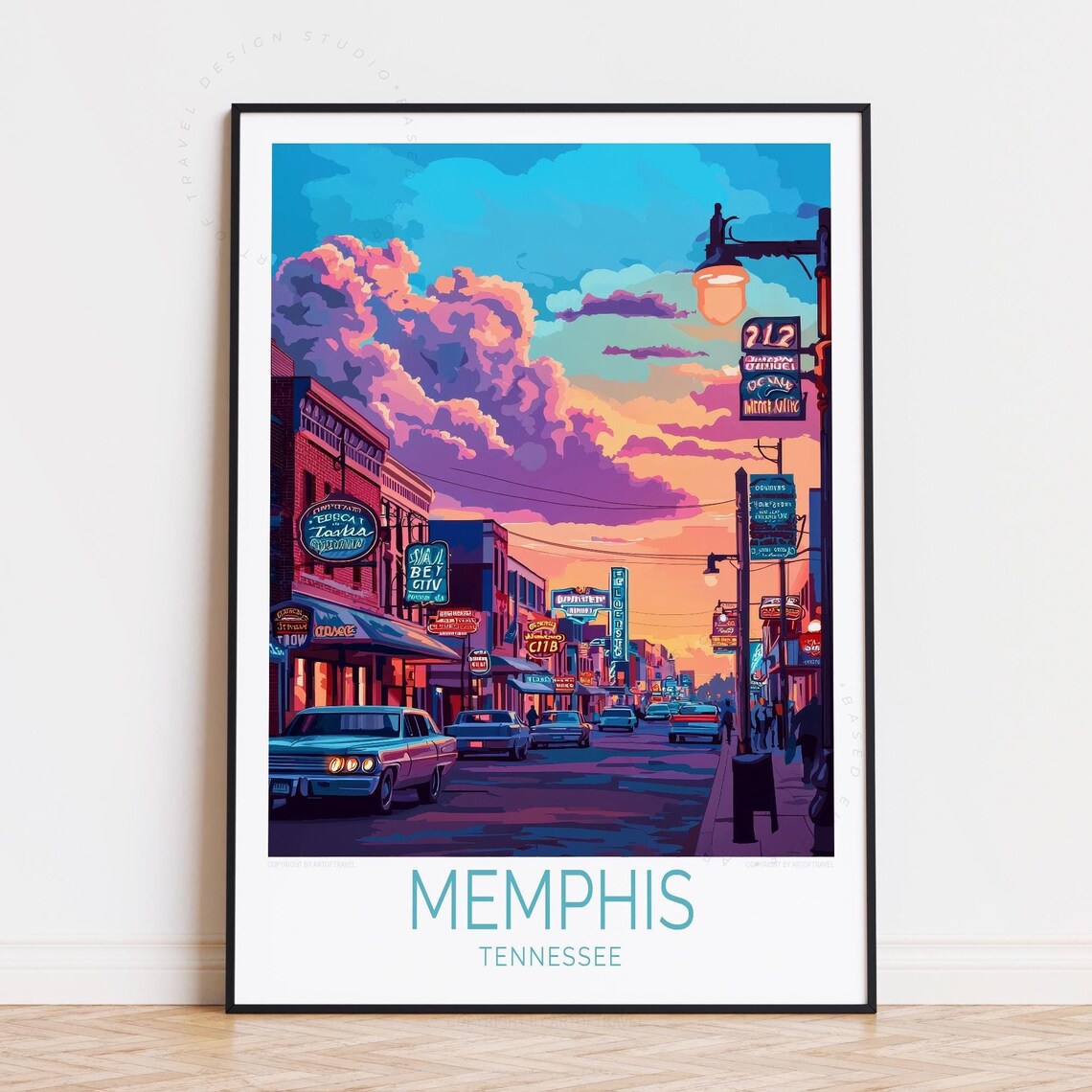 Memphis Tennessee Neon Street Sunset Retro Style Travel Poster