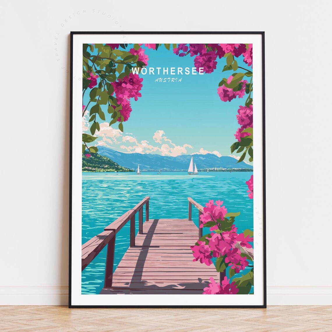 Wörthersee Austria Flower Framed Pier Lake Mountain Travel Poster