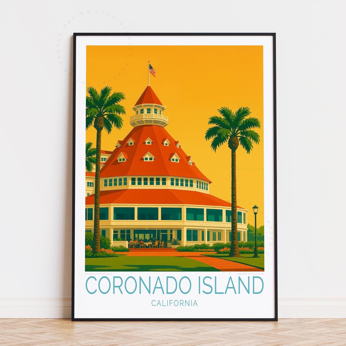 Coronado Island Hotel Red Dome Mustard Yellow Retro Travel Poster