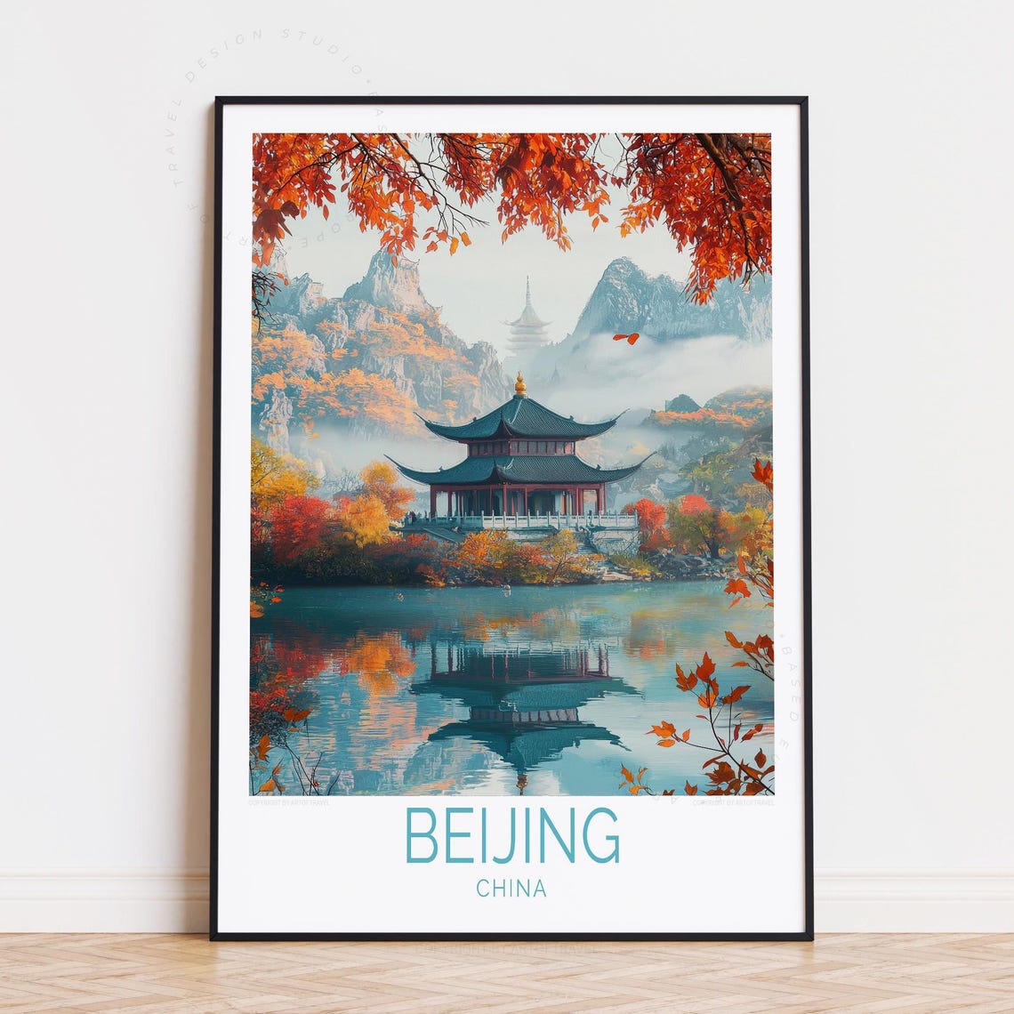 Beijing China Autumn Pavilion Lake Reflection Red Maple Travel Poster