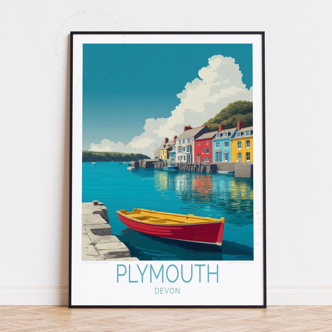 Plymouth Devon England Red Boat Blue Water Quay Houses Poster