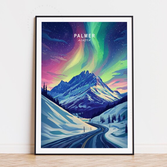 Palmer Alaska Aurora Borealis Snowy Peaks Vintage Travel Wall Art