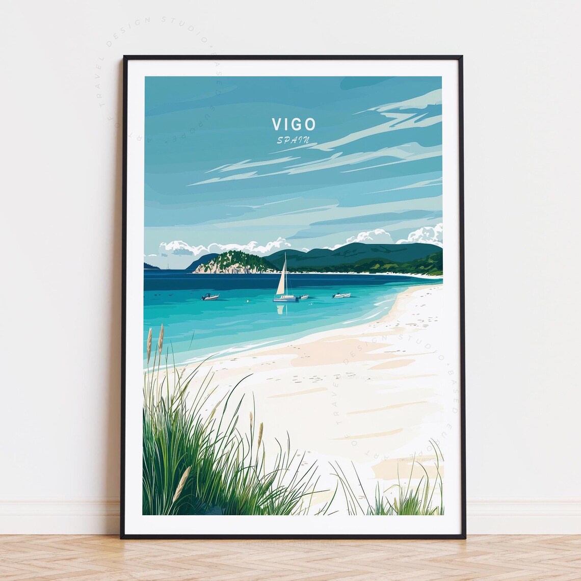 Vigo Spain Calm Beach Cove Sailboat Green Hills Travel Poster
