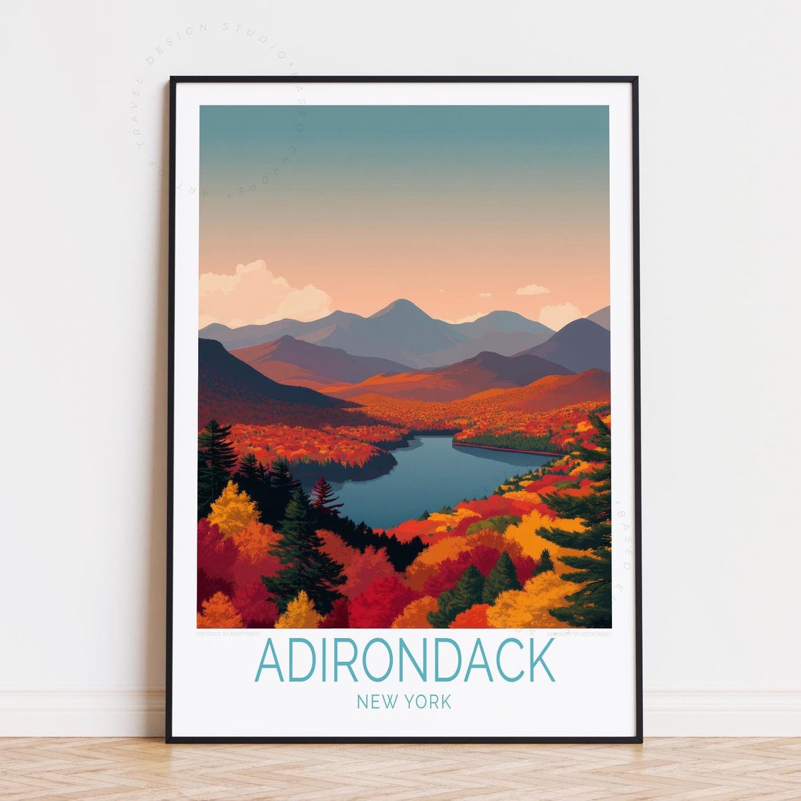 Adirondack New York Fall Foliage Lake Mountains Vintage Travel Poster