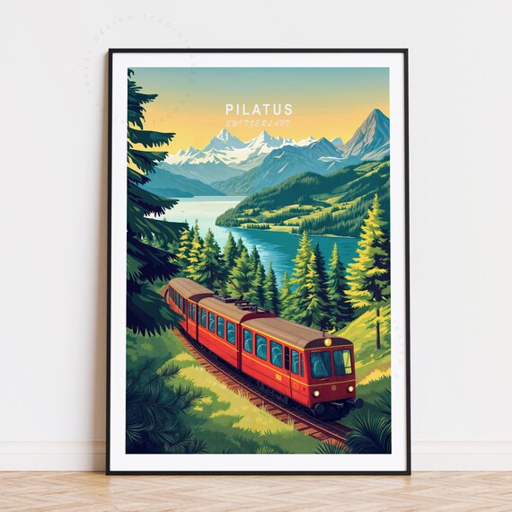 Pilatus Switzerland Mountain Railway Alpine Meadow Valley Travel Poster