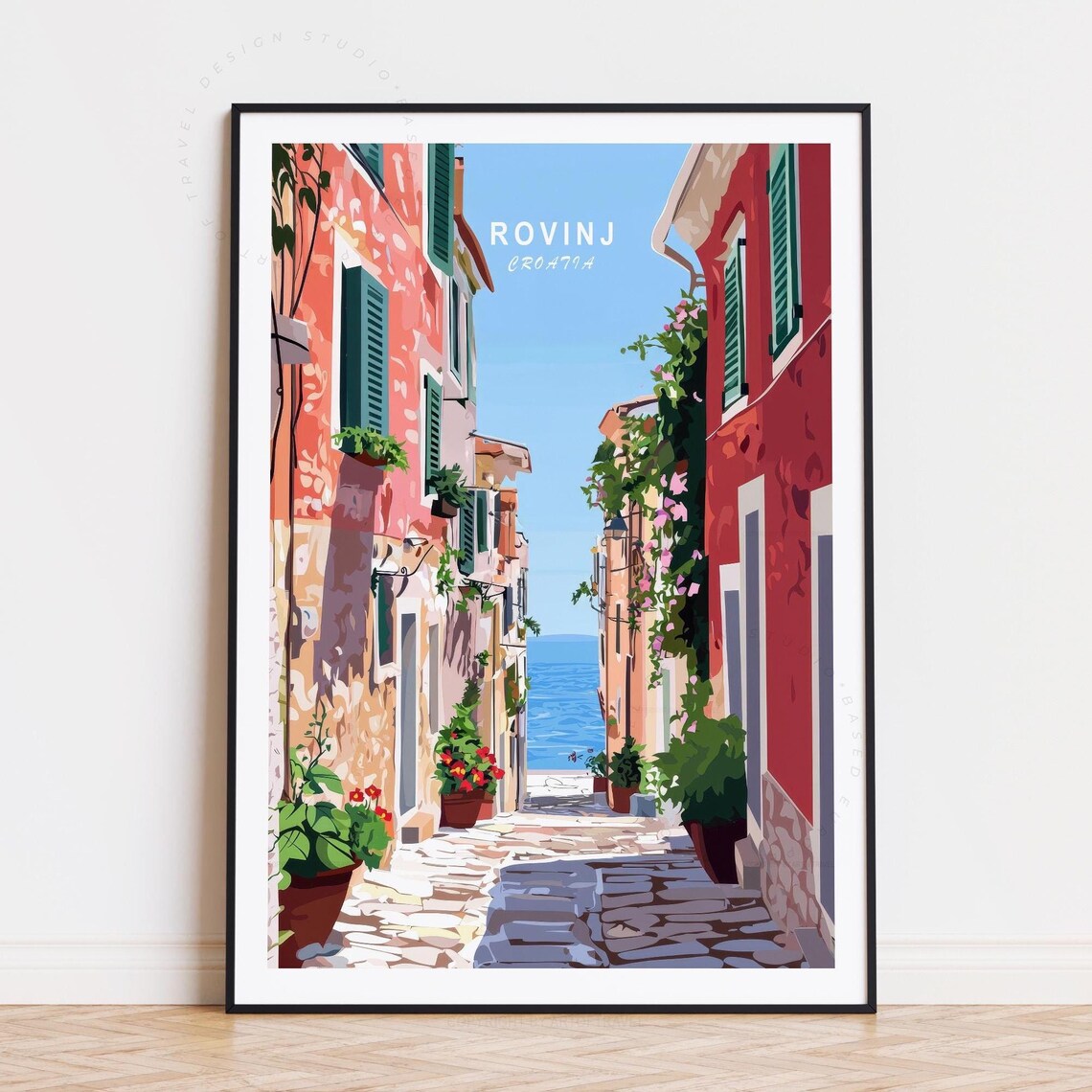 Rovinj Croatia Narrow Alley Flowers Adriatic Sea View Travel Poster