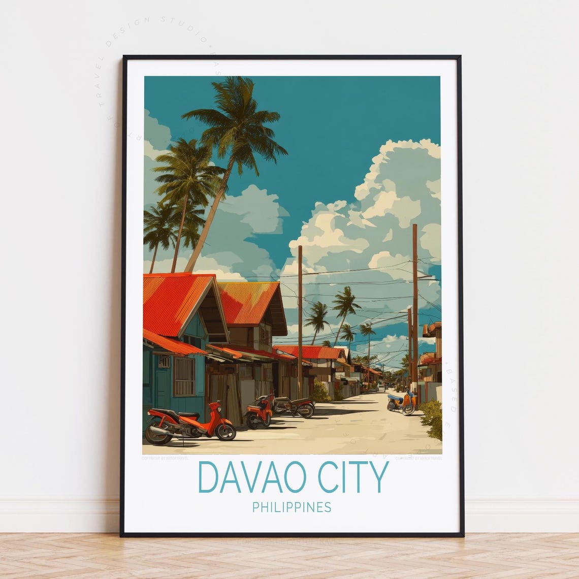 Davao City Philippines Street Palms Red Roofs Travel Art Poster