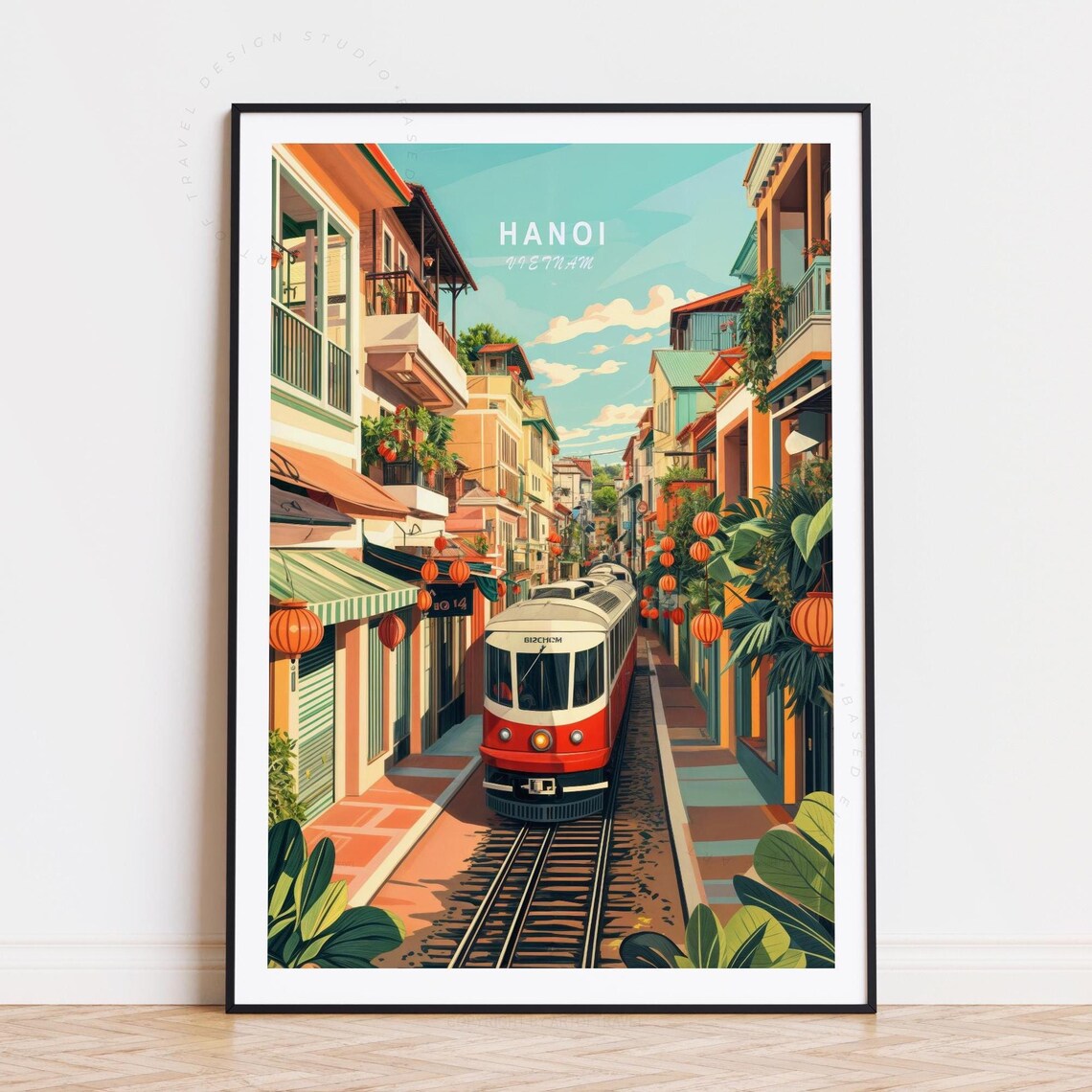 Hanoi Vietnam Train Street Red Tram Lanterns Old Town Vintage Poster