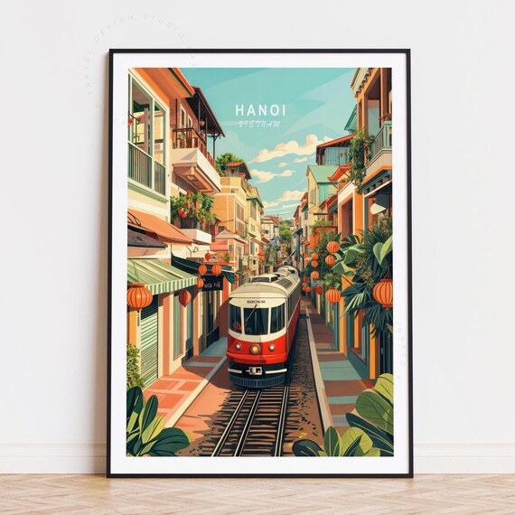 Hanoi Vietnam Train Street Red Tram Lanterns Old Town Vintage Poster