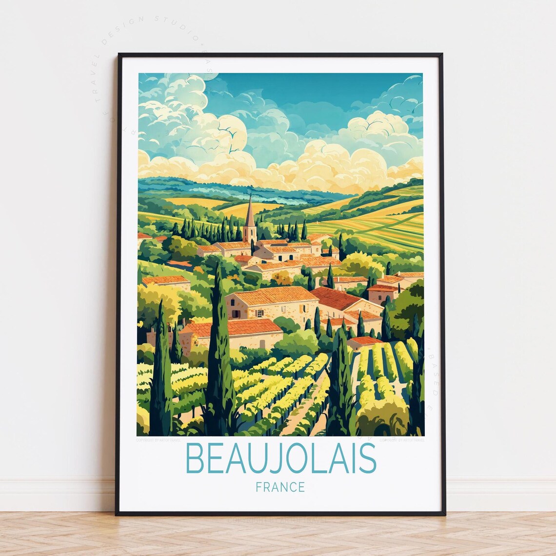 Beaujolais France Retro Vineyard Village Cypress Hills Poster