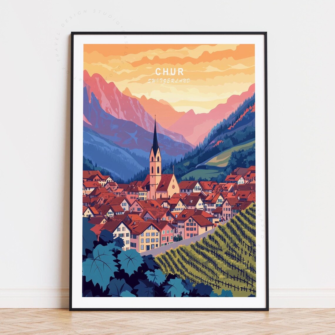 Chur Switzerland Travel Poster Sunset Alpine Village And Church