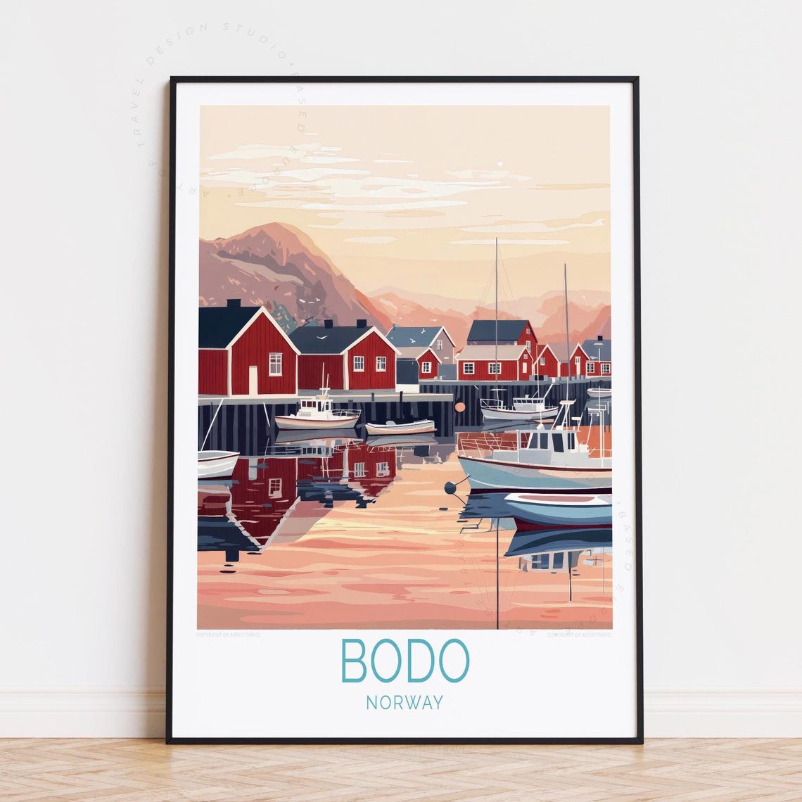 Bodo Norway Red Harbor Cabins Sunrise Reflection Travel Poster
