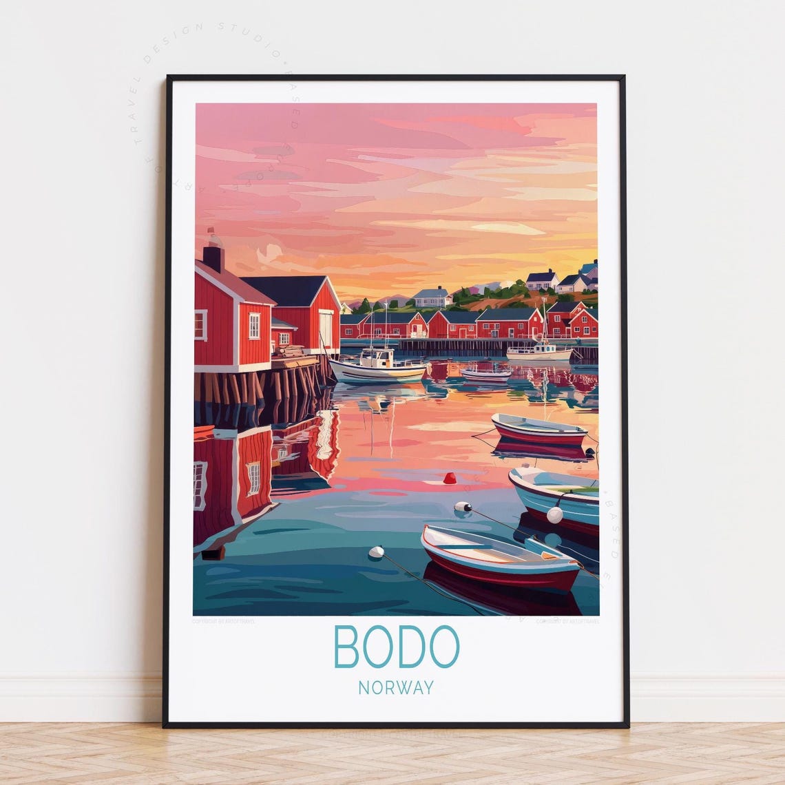 Bodo Norway Pink Sunset Harbor Boats Reflection Travel Poster
