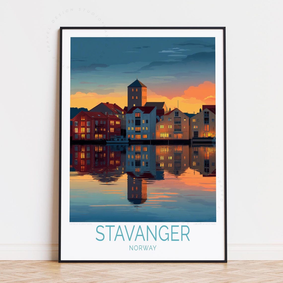 Stavanger Norway Harbor Sunset Water Reflection Old Town Travel Poster