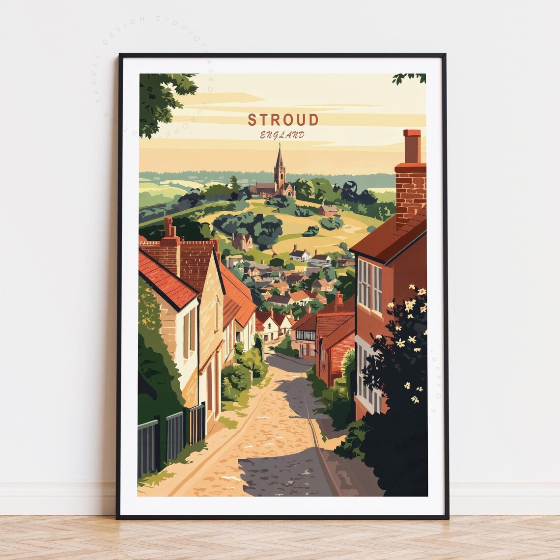 Stroud England Rolling Hills Church Spire Village Travel Poster