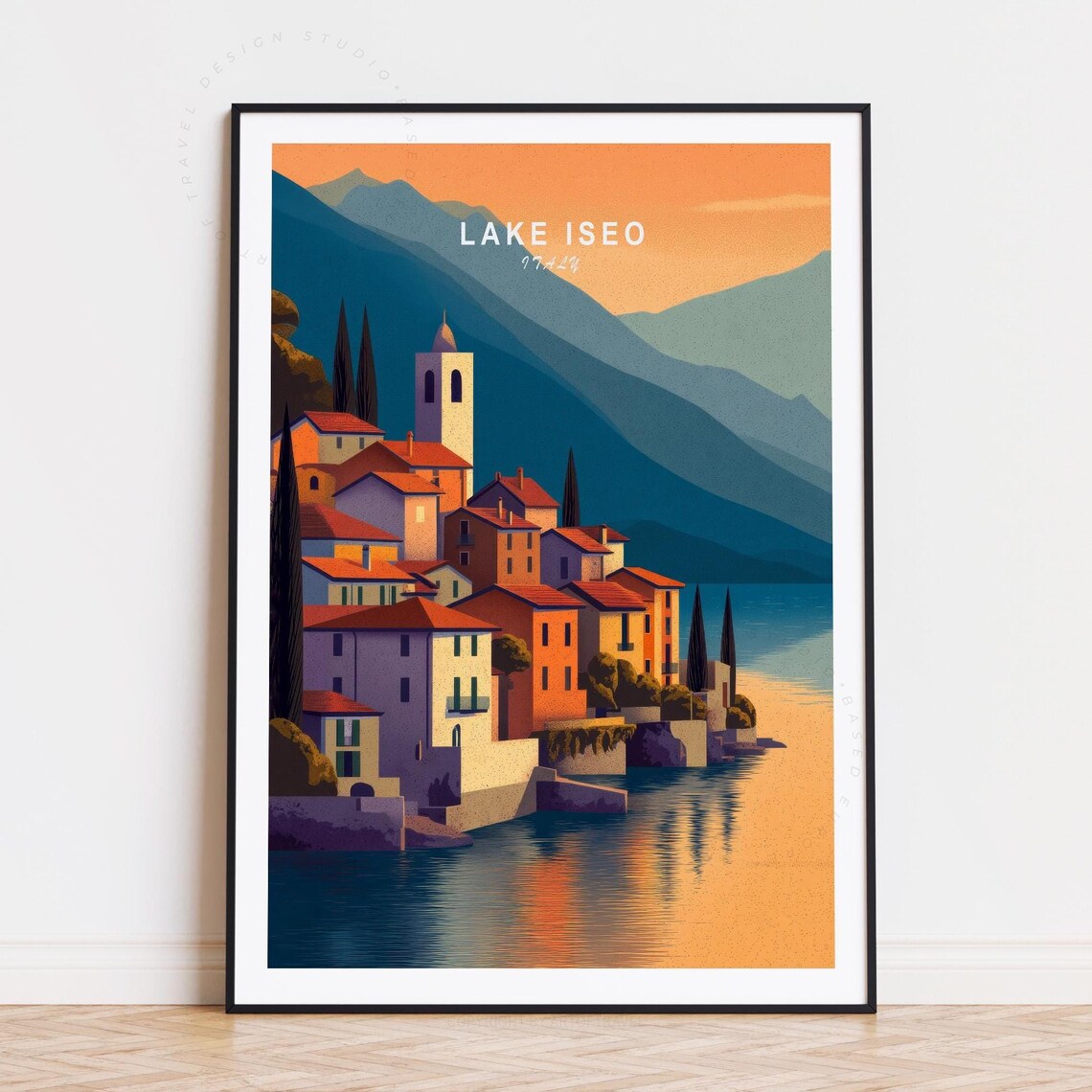 Lake Iseo Italy Italian Village Hills Retro Travel Art Poster