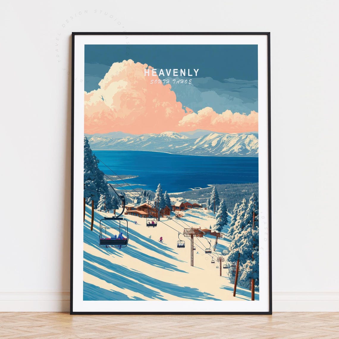 Heavenly South Tahoe Lake View Ski Slope Pink Clouds Vintage Poster