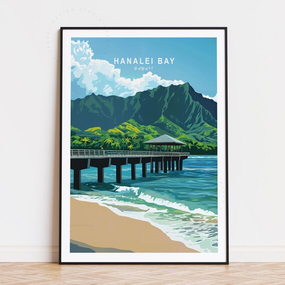 Hanalei Bay Kauai Hawaii Tropical Pier Beach Surf Travel Poster