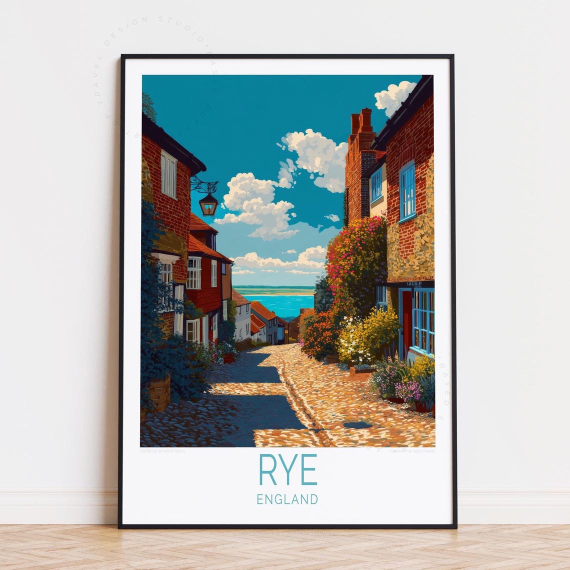 Rye England Cobblestone Lane Sea View Cottage Retro Travel Poster