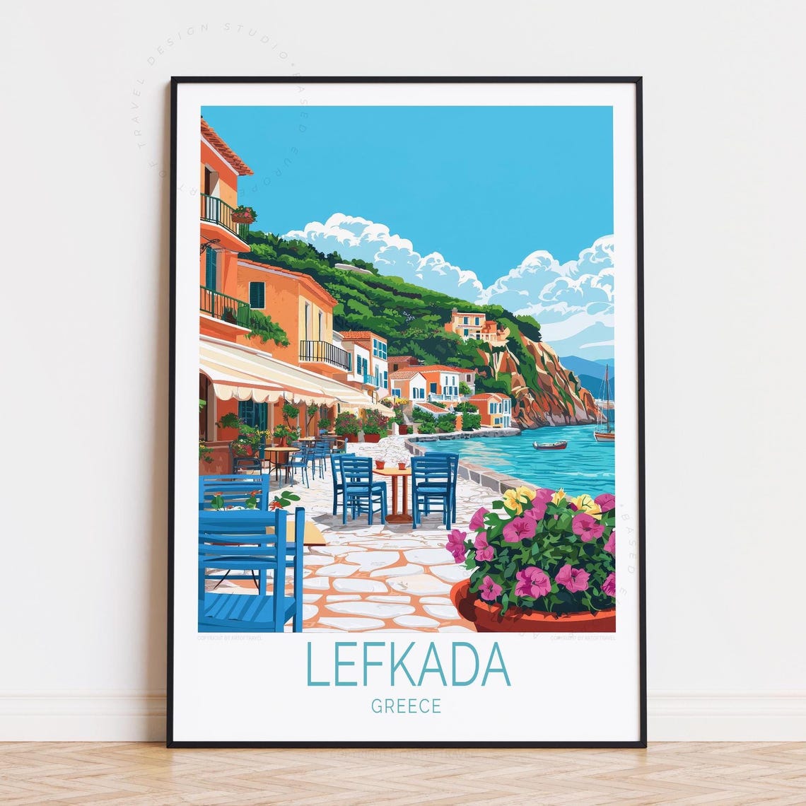 Lefkada Greece Waterfront Cafe Flowers Blue Chairs Travel Poster