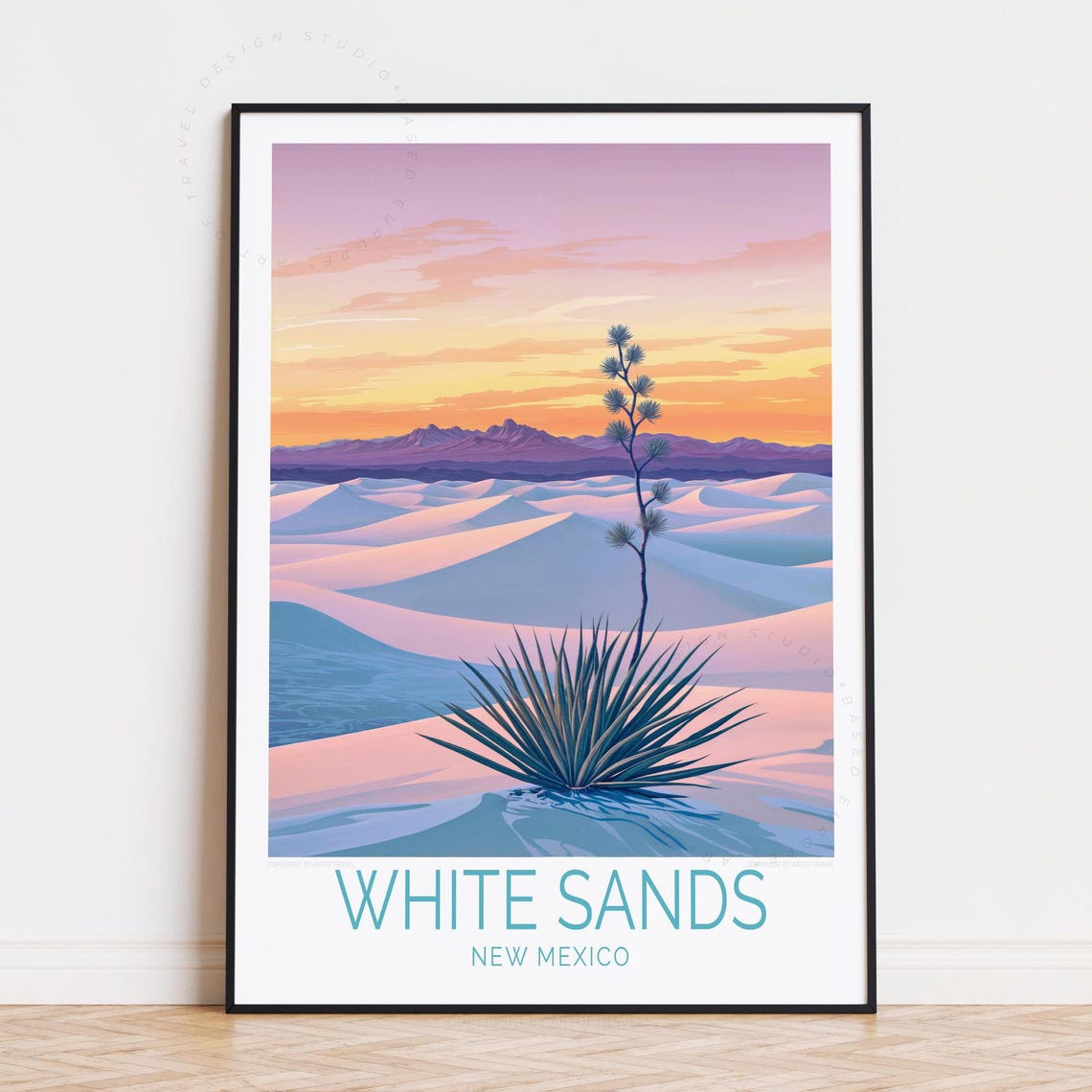 White Sands New Mexico White Dunes Yucca Sunset Retro Travel Poster