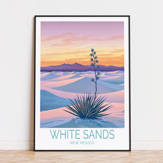 White Sands New Mexico White Dunes Yucca Sunset Retro Travel Poster