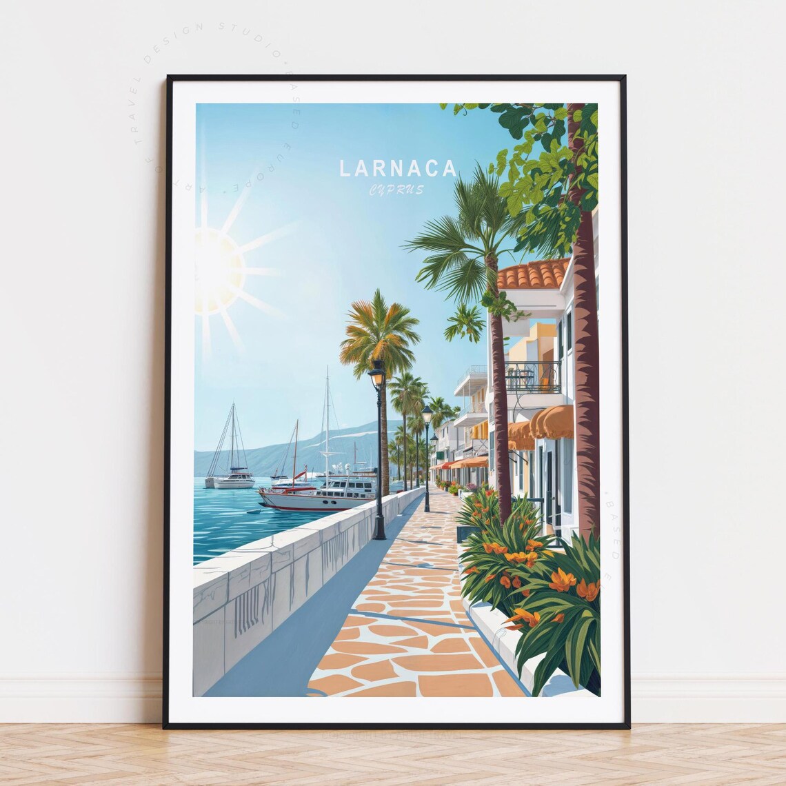 Larnaca Cyprus Sunny Marina Promenade Palm Trees Boats Travel Poster