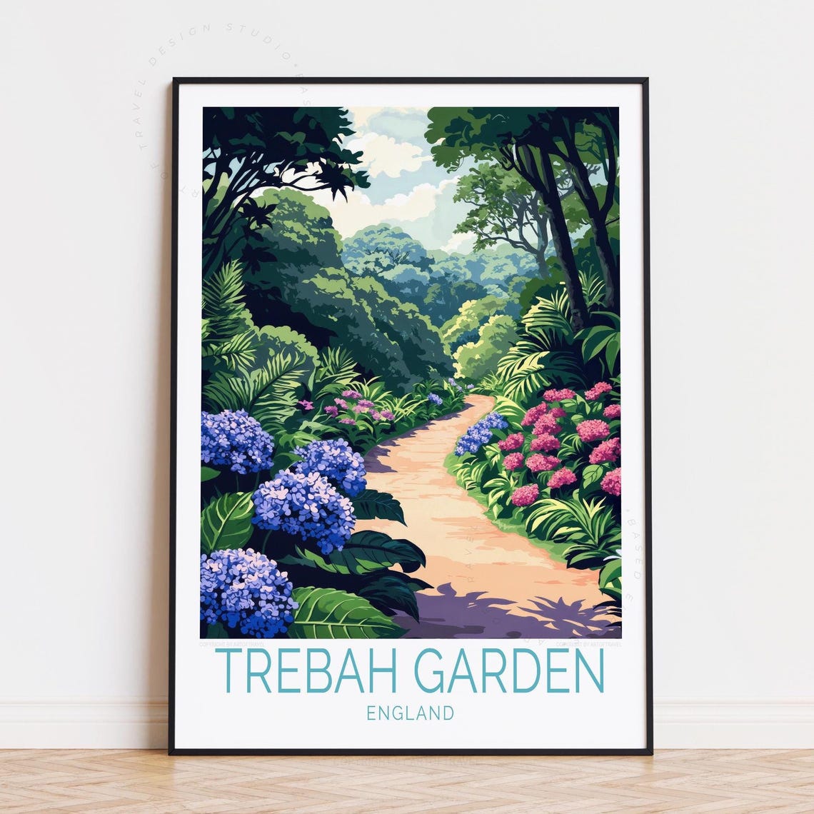 Trebah Garden England Retro Travel Poster With Hydrangea Valley
