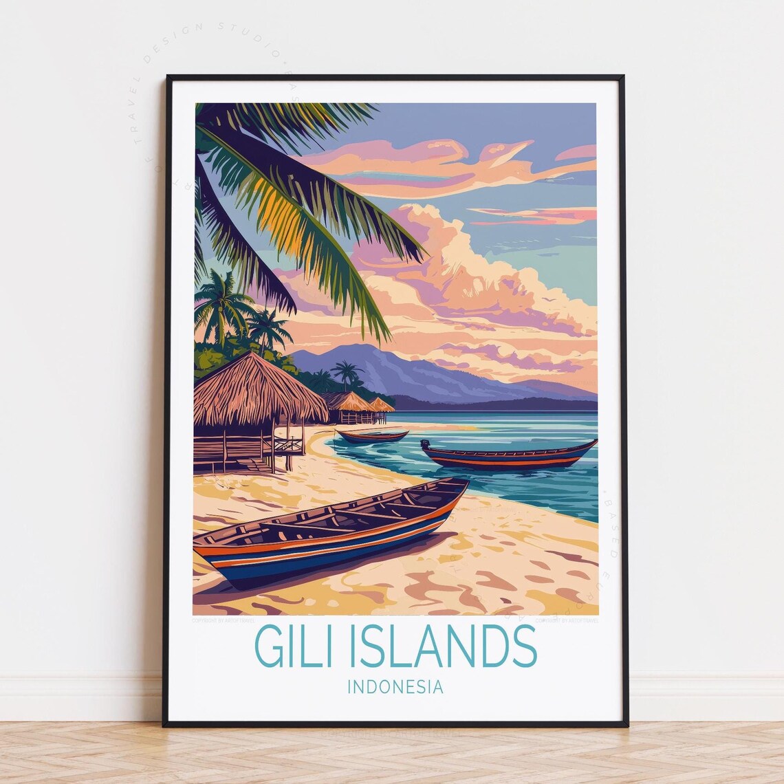 Gili Islands Indonesia Tropical Beach Boats Sunset Travel Poster