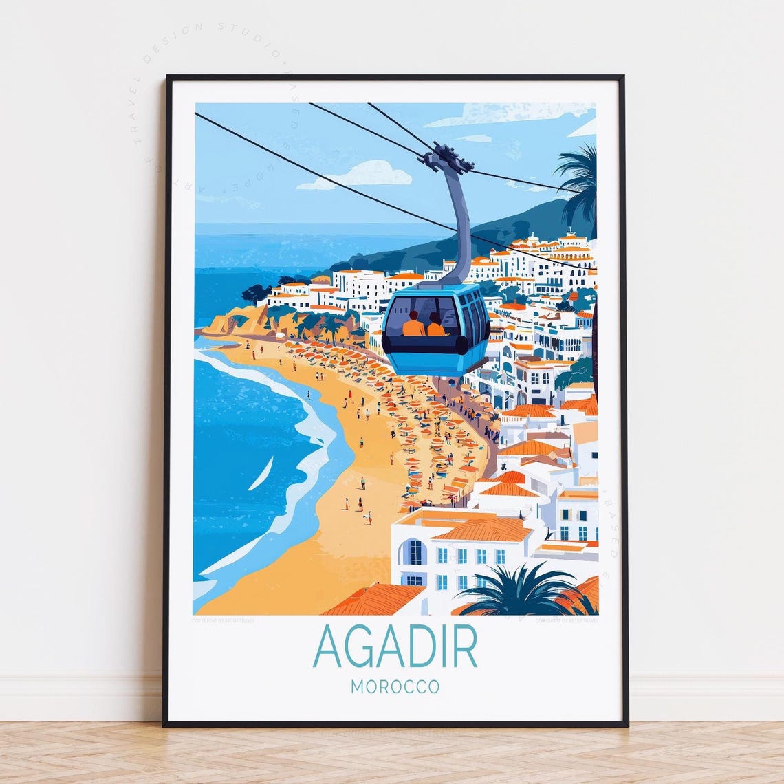 Agadir Morocco Cable Car Over Crowded Beach Bay Travel Poster