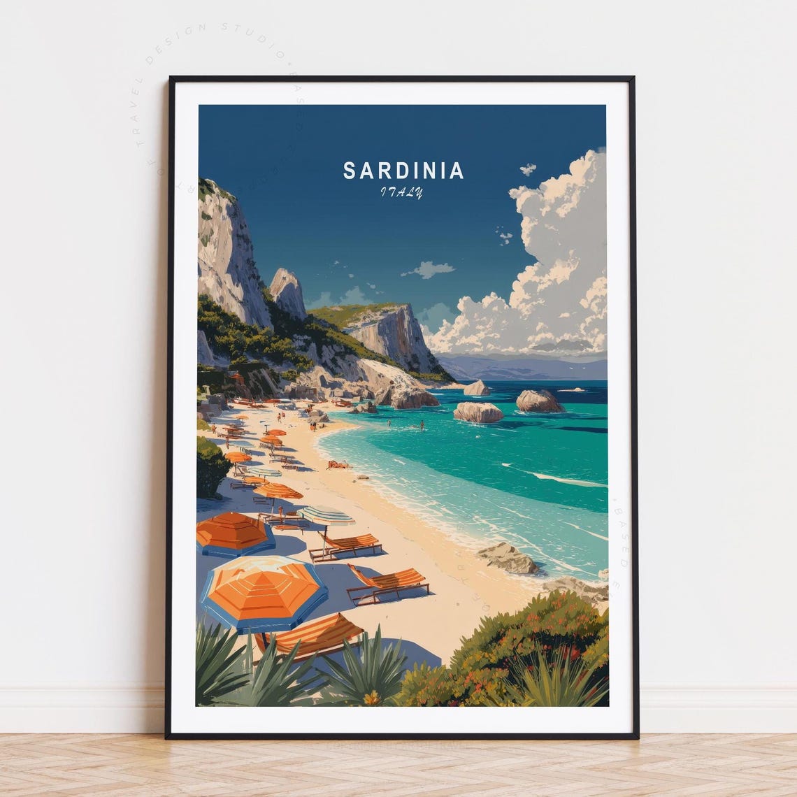 Sardinia Italy Turquoise Beach Cliff Coastline Retro Travel Poster