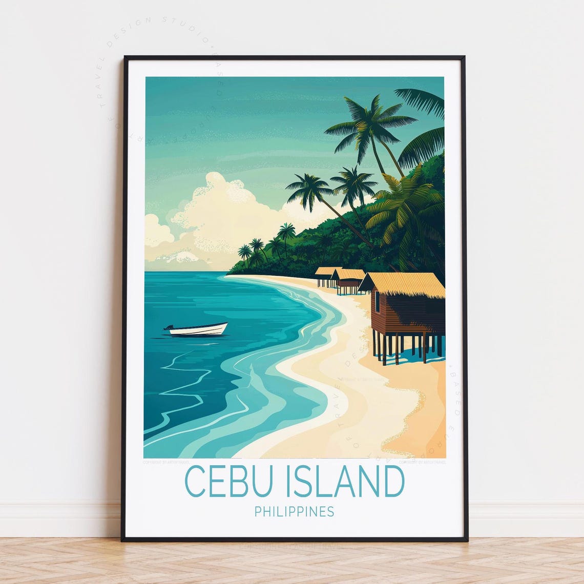 Cebu Island Philippines Leaning Palms Stilt Huts Beach Travel Poster