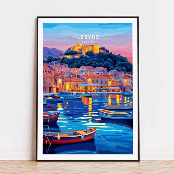 Lesvos Greece Island Harbor Sunset Castle Coastline Travel Poster