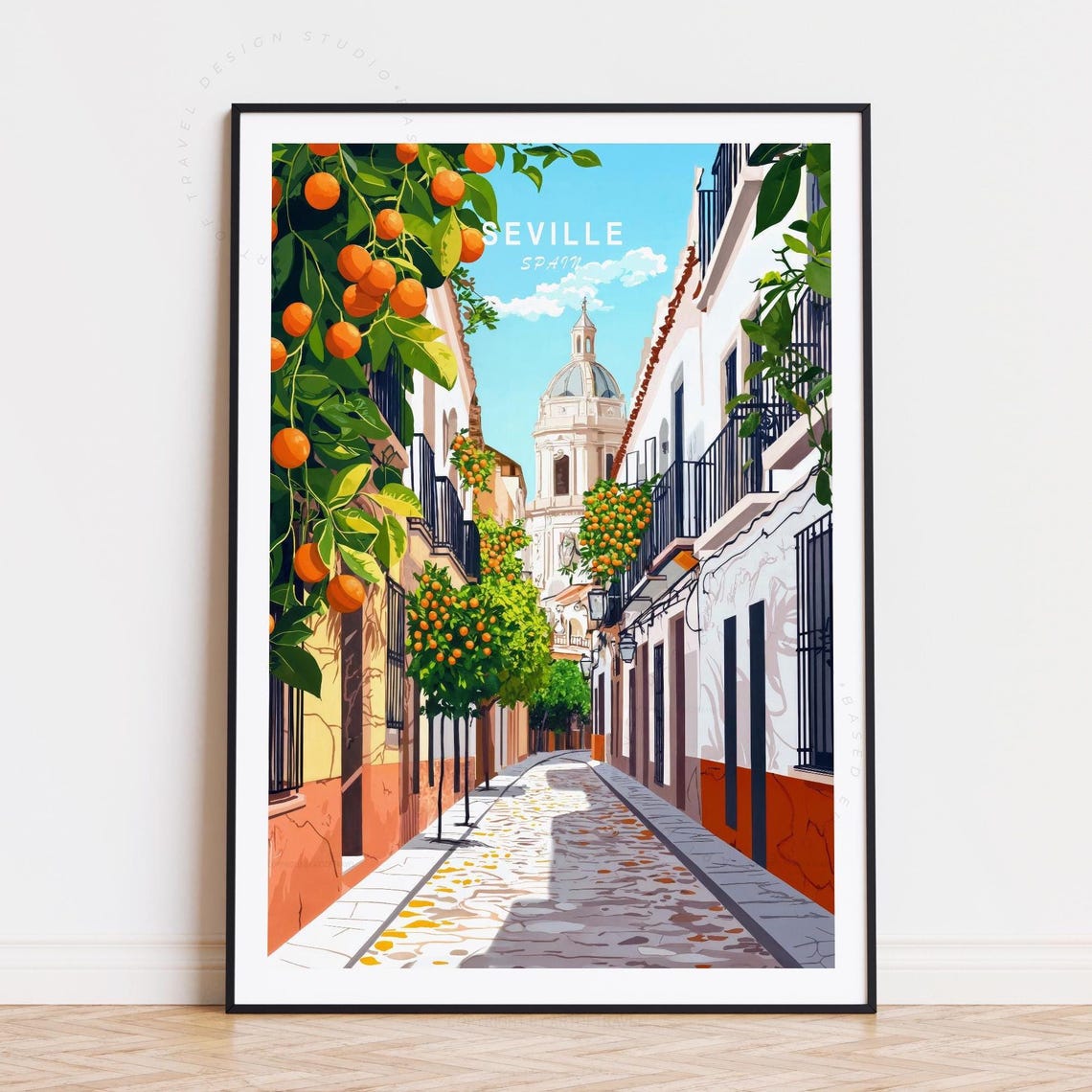 Seville Spain Orange Street Sunlit Dome Historic Quarter Travel Poster
