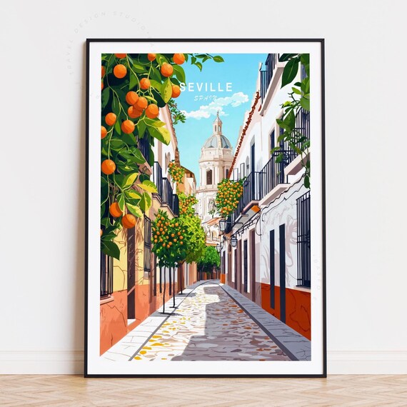 Seville Spain Orange Street Sunlit Dome Historic Quarter Travel Poster