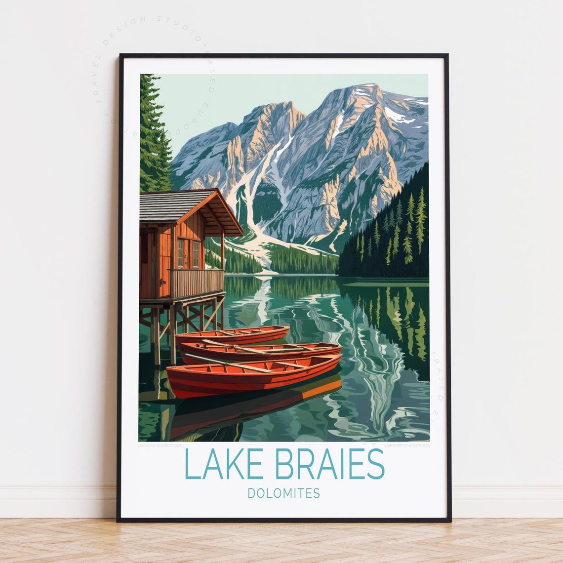 Lake Braies Dolomites Boathouse Red Rowboats Vintage Travel Poster