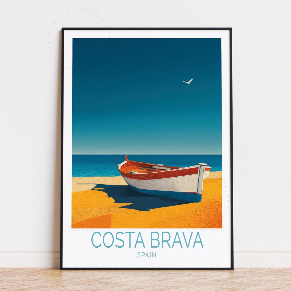 Costa Brava Spain Beached Fishing Boat Golden Sand Teal Sea Poster