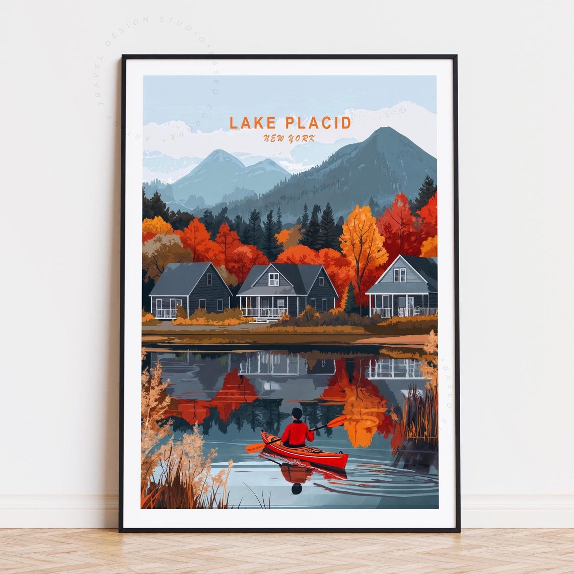 Lake Placid New York Autumn Lakeside Cabins Reflection Poster