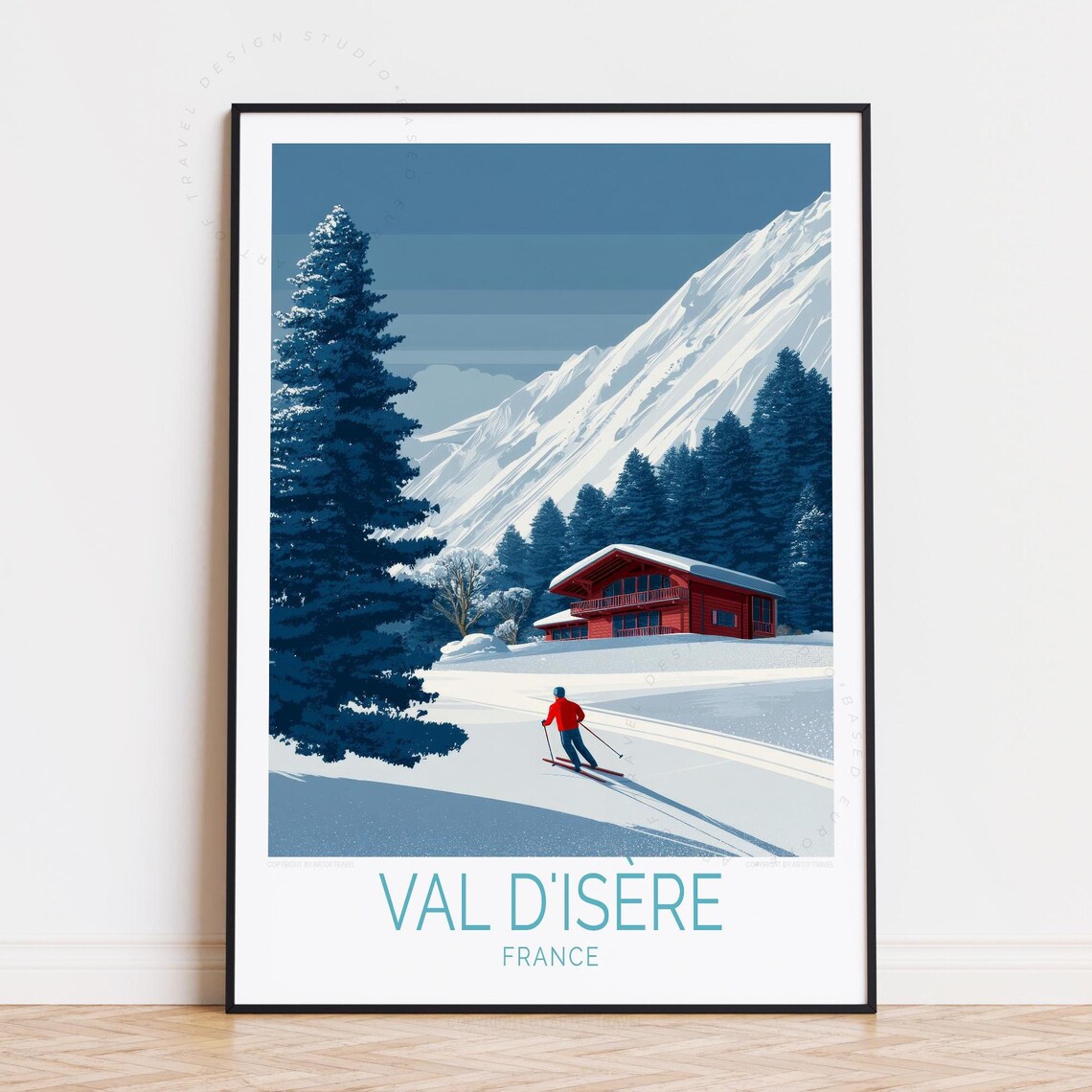 Val d'Isère France Snowy Chalet Cross Country Ski Vintage Travel Poster