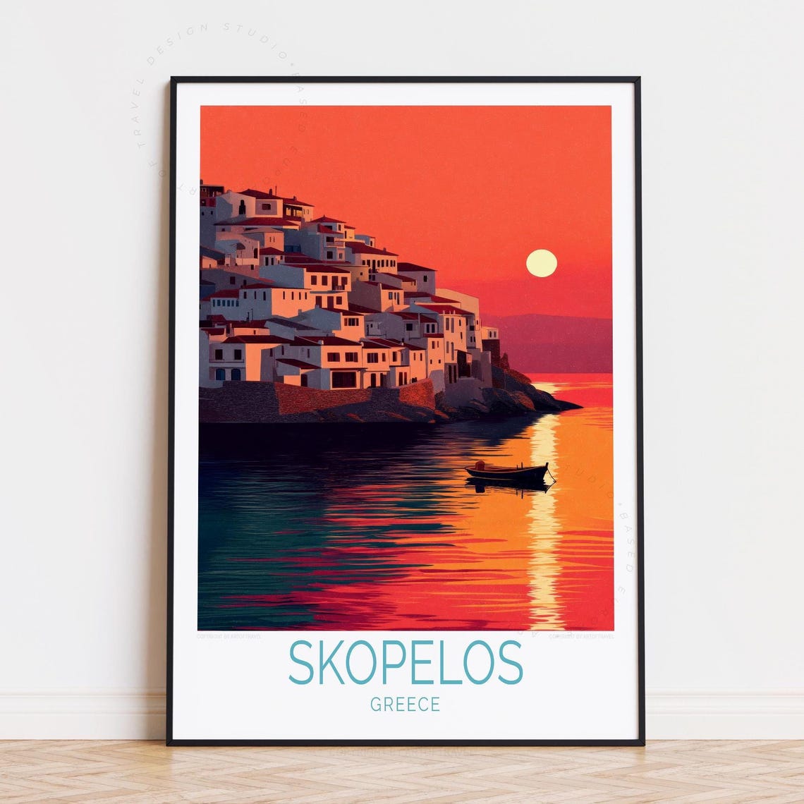 Skopelos Greece Red Sunset Sky Village Reflection Harbor Poster