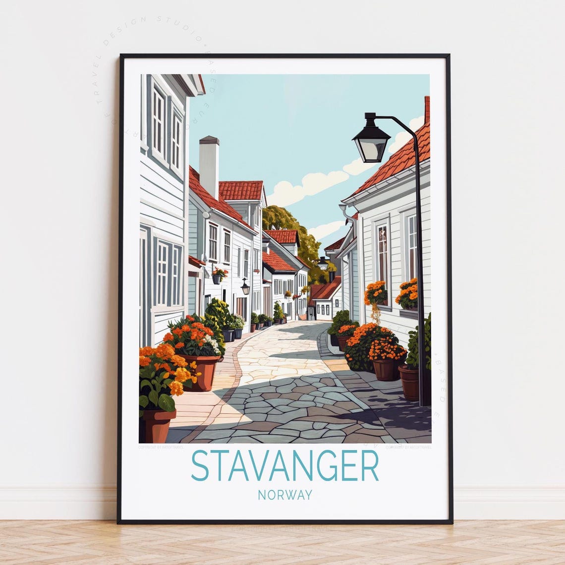 Stavanger Norway Old Town Cobblestone Street Blooming Flowers Poster