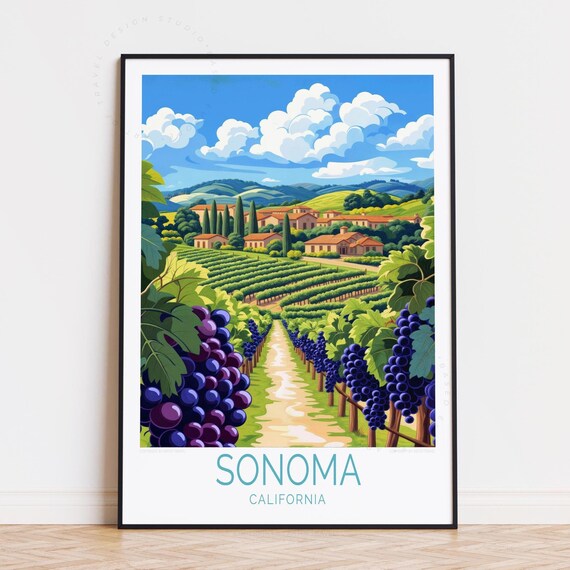 Sonoma California Vineyard Grape Rows Estate Winery Travel Poster